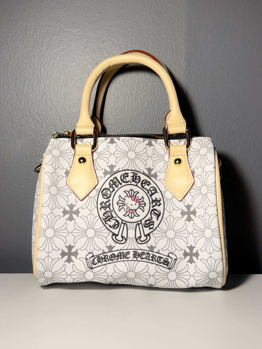 Inspired cartoon Style White Floral Tote with Cream Handles